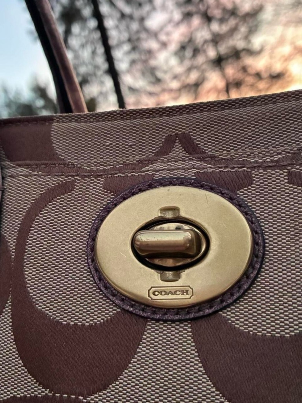 Coach Brown Signature Jacquard Canvas Tote with Metallic Brown Trim & turn lock - Picture 10 of 11